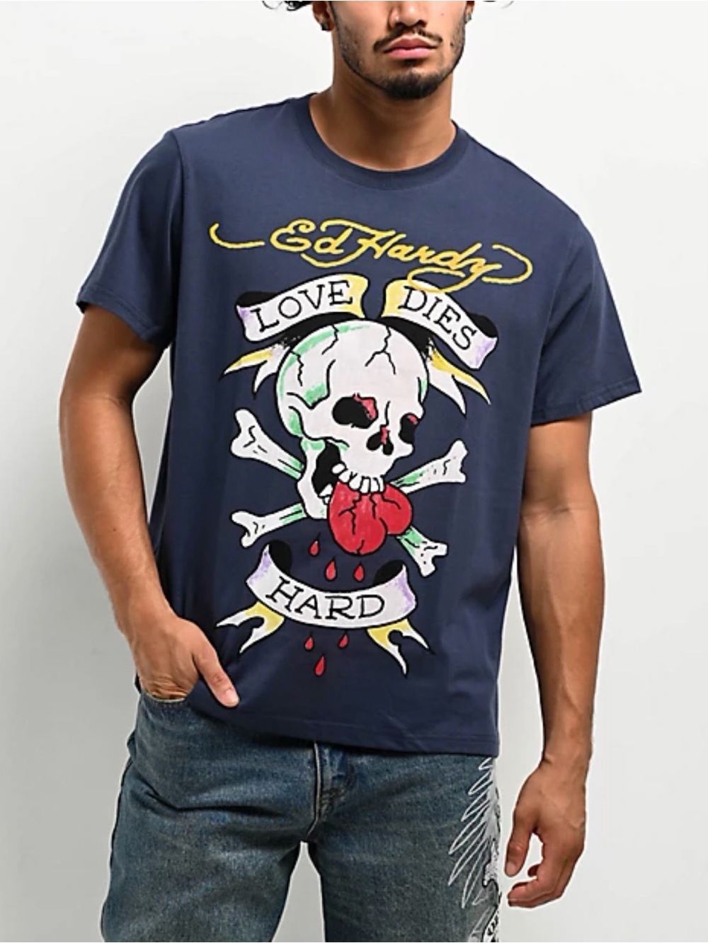 NWOT Ed Hardy Men's Navy Graphic Tee - 'Love Dies Hard' Skull Print